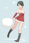  1girl :d bare_shoulders black_eyes black_hair blue_background blush collarbone dated detached_sleeves full_body fur_trim gift_bag hair_ornament holly_hair_ornament kantai_collection kawashina_(momen_silicon) mogami_(kantai_collection) open_mouth santa_costume short_hair smile solo 