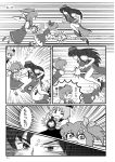  &gt;_&lt; 4girls @_@ blush cirno closed_eyes comic daiyousei flying flying_sweatdrops footprints greyscale highres hong_meiling jumping monochrome motion_lines multiple_girls rumia sweat touhou translation_request xiaolong_(touhoufuhai) 