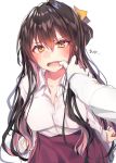 1boy 1girl admiral_(kantai_collection) black_hair blush breasts cleavage embarrassed finger_in_another&#039;s_mouth gloves hair_between_eyes highres jacket kantai_collection long_hair long_sleeves looking_at_viewer medium_breasts multicolored_hair naganami_(kantai_collection) open_clothes open_mouth open_shirt pink_hair purple_vest shirt simple_background soukou_makura two-tone_hair vest white_background white_gloves white_jacket white_shirt yellow_eyes 