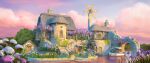  arch awning blurry blurry_foreground boat building chimney clouds door fantasy flower highres no_humans original outdoors river scenery tenca_arts tree twilight water_wheel watercraft windmill window wisteria 