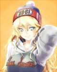  1girl alternate_costume beanie blonde_hair blue_eyes hat hood hooded_sweater hoodie iowa_(kantai_collection) kantai_collection long_hair okaemon pom_poms_(clothing) solo star star-shaped_pupils sweater symbol-shaped_pupils upper_body yellow_background 