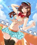  1girl alternate_costume arm_behind_head arm_up black_legwear blue_skirt blue_sky bow bowtie breasts brown_hair clenched_hand clouds commentary_request front-tie_top idolmaster idolmaster_cinderella_girls long_hair looking_at_viewer medium_breasts miniskirt naga1047 navel nitta_minami outdoors red_bow red_bowtie skirt sky solo thigh-highs 