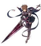  1girl armor armored_boots boots brown_eyes brown_hair cape full_body greaves holding holding_weapon lance open_mouth pleated_skirt polearm short_hair skirt solo thigh-highs transparent_background weapon 