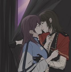  2girls bang_dream! bang_dream!_it's_mygo!!!!! black_gloves black_hair black_vest blue_eyes blue_jacket blush breasts capelet chinese_commentary closed_eyes clothes_grab commentary_request earrings gloves highres imminent_kiss jacket jewelry long_hair long_sleeves medium_breasts medium_hair multiple_girls open_mouth purple_hair red_capelet see-through_clothes see-through_sleeves shiina_taki shirt timoris_(bang_dream!) upper_body vest white_shirt yahata_umiri yuri zih_ii 