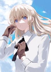  1girl absurdres blonde_hair blue_eyes blue_sky brown_gloves clouds collared_shirt girls_frontline gloves highres long_sleeves nisoichi scar-l_(girls'_frontline) shirt sky solo upper_body white_shirt 