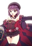  1girl armpits bare_shoulders black_legwear blush book detached_sleeves fate/grand_order fate_(series) flat_chest hat helena_blavatsky_(fate/grand_order) highres looking_at_viewer mazeru_(jisjifin) open_mouth panties pantyshot purple_hair short_hair simple_background smile solo strapless thigh-highs tree_of_life underwear violet_eyes white_background 