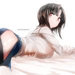  1girl artist_name black_hair blue_skirt breasts highres kantai_collection kojima_(blue_stardust) large_breasts long_sleeves looking_at_viewer looking_back on_bed red_eyes shirt short_hair simple_background skirt smile solo takao_(kantai_collection) thighs upper_body white_background white_shirt 
