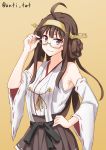  1girl adjusting_glasses ahoge anti_(untea9) bespectacled brown_hair brown_skirt commentary_request detached_sleeves double_bun glasses hand_on_hip headgear highres japanese_clothes kantai_collection kongou_(kantai_collection) long_hair looking_at_viewer nontraditional_miko orange_background remodel_(kantai_collection) ribbon-trimmed_skirt ribbon-trimmed_sleeves ribbon_trim simple_background skirt smile solo twitter_username wide_sleeves 