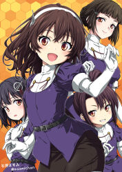  4girls aged_down ashigara_(kancolle) belt black_belt black_hair black_skirt braid braided_bun brown_eyes brown_hair commentary_request cowboy_shot elbow_gloves gloves haguro_(kancolle) hair_bun hair_ornament hairband honeycomb_(pattern) honeycomb_background ishihara_masumi kantai_collection looking_at_viewer military_uniform multiple_girls myoukou_(kancolle) nachi_(kancolle) orange_background parted_lips pencil_skirt purple_shirt shirt side_ponytail skirt white_gloves white_hairband 
