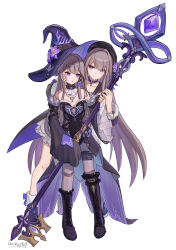  2girls absurdres asymmetrical_footwear black_hat black_sleeves blackxyfaf boots brown_hair chinese_commentary choker commentary cosplay costume_switch detached_sleeves doll_joints expressionless flower hair_ribbon hat hat_flower herta_(honkai:_star_rail) highres holding holding_key honkai:_star_rail honkai_(series) jewelry joints key key_necklace knee_boots looking_at_another multiple_girls necklace purple_choker purple_flower purple_ribbon ribbon signature simple_background sleeves_past_wrists smile the_herta_(honkai:_star_rail) uneven_footwear violet_eyes white_background wide_sleeves witch_hat 