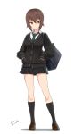  1girl alternate_costume artist_name bag bangs black_cardigan black_legwear black_necktie black_skirt brown_shoes cardigan carrying closed_mouth cosplay dated dconan_owo dress_shirt full_body girls_und_panzer hands_in_pockets highres idolmaster idolmaster_cinderella_girls kneehighs loafers looking_to_the_side miniskirt necktie nishizumi_maho parody pleated_skirt school_bag shibuya_rin shibuya_rin_(cosplay) shirt shoes short_hair signature simple_background skirt solo standing white_background white_shirt 