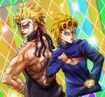  2boys backless_outfit black_sweater blonde_hair blue_eyes blue_sweater bracer chamaji commentary_request dio_brando dutch_angle earrings father_and_son giorno_giovanna hand_on_own_shoulder highres jewelry jojo_no_kimyou_na_bouken lens_flare lipstick makeup multiple_boys muscle open-chest_sweater pose purple_lipstick spiky_hair sweater upper_body violet_eyes virgin_killer_sweater 