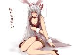  1girl alternate_costume animal_ears bangs bare_shoulders bow bowtie breast_hold breasts bunny_girl bunnysuit cigarette cleavage detached_collar fake_animal_ears fujiwara_no_mokou hair_bow high_heels leotard long_hair looking_at_viewer medium_breasts rabbit_ears red_bow red_bowtie red_leotard silver_hair sitting sleeveless solo thigh_strap tobisawa touhou translation_request trembling very_long_hair wariza white_bow wrist_cuffs yellow_eyes 