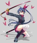  1girl absurdres blue_hair boots butterfly combat_boots double_breasted floating_hair grey_background grey_legwear hair_between_eyes highres holding holding_sword holding_weapon katana long_hair looking_up open_mouth original pleated_skirt ponytail red_eyes red_skirt ribbed_sweater sakura_chiyo_(konachi000) shadow sheath simple_background skirt solo sparkle sweater sword tassel teeth thigh-highs thighs turtleneck turtleneck_sweater unsheathed very_long_hair weapon 