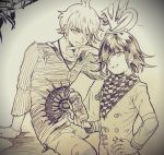  2boys amami_rantarou chains checkered_scarf dangan_ronpa denim ear_piercing fanta graphite_(medium) hand_on_hip jeans jewelry logo looking_at_viewer male_focus mitsumame0810 multiple_boys necklace new_dangan_ronpa_v3 ouma_kokichi pants parted_lips piercing scarf shirt short_hair sitting sketch smile soda_bottle straitjacket striped striped_shirt traditional_media 