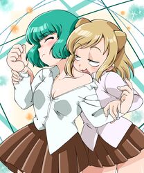  2girls absurdres biting blonde_hair blush breasts brown_skirt cleavage demi-chan_wa_kataritai dress_shirt fang grabbing grabbing_from_behind green_hair highres kusakabe_yuki_(demi-chan_wa_kataritai) multiple_girls neck_biting open_mouth parody pleated_skirt school_uniform shirt short_hair skirt style_parody suzusato_rinka sweat takanashi_hikari tongue tongue_out vampire white_shirt wrist_grab yellow_eyes 