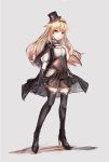  1girl alternate_costume black_boots black_cape black_gloves blonde_hair boots cape corset full_body gloves grey_background hair_flaps hand_on_own_chest hat high_heels highres kantai_collection long_hair looking_at_viewer mini_hat parted_lips red_eyes remodel_(kantai_collection) simple_background single_glove solo thigh-highs thigh_boots top_hat unajuu yuudachi_(kantai_collection) 