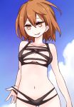  1girl bangs blue_sky breasts brown_eyes brown_hair cleavage clouds cloudy_sky collarbone cowboy_shot eyebrows_visible_through_hair gluteal_fold hair_between_eyes half-closed_eyes i.u.y looking_at_viewer medium_breasts misaka_worst navel no_nose outdoors parted_lips rei_no_mizugi short_hair sky smile smirk solo to_aru_majutsu_no_index 