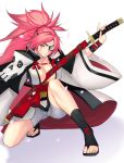  1girl absurdres amputee baiken boots breasts cleavage eye_scar eyepatch facial_tattoo guilty_gear guilty_gear_xrd highres large_breasts long_hair one-eyed pink_eyes pink_hair ponytail sarashi scar scar_across_eye sheath sheathed solo sword tattoo tetsu_(kimuchi) toeless_boots weapon 