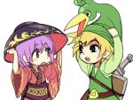  1boy 1girl belt blonde_hair bowl bowl_hat elf ezlo hat japanese_clothes kimono link long_sleeves obi object_on_head open_mouth pointy_ears purple_hair sash shield short_hair sukuna_shinmyoumaru sword the_legend_of_zelda the_legend_of_zelda:_the_minish_cap toon_link touhou trait_connection weapon wide_sleeves yudaoshan 
