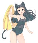  1girl :d animal_ears bangs black_hair blue_eyes blunt_bangs blush cat_ears cat_tail clenched_hand collarbone cowboy_shot extra_ears head_tilt highres holding_towel masao one-piece_swimsuit open_mouth original simple_background smile solo swimsuit tail white_background 