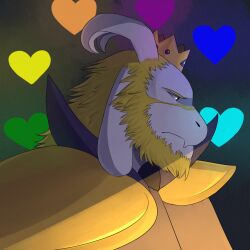 1boy 2016 2d anthro asgore_dreemurr azurite-draws beard blonde_hair cape closed_mouth crown digital_media facial_hair floppy_ears fur furry furry_male goat goat_boy goat_ears goat_horns hair heart horns inactive_account male male_only mammal monster monster_boy pauldrons portrait simple_background solo undertale white_fur white_horns