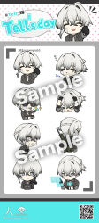  >_< 1girl :3 :d =_= ^_^ absurdres artist_name black_gloves blue_eyes blush bracelet bulletproof_vest candy character_name chibi chibi_only clenched_hand closed_eyes closed_mouth collared_shirt commentary_request cropped_torso crossed_bangs dress_shirt ear_piercing earrings english_text expressionless expressions eye_print fist_pump folded_ponytail food food_in_mouth gauze gauze_on_cheek gloves gradient_hair grey_hair grey_shirt hair_between_eyes hair_intakes half_up_braid hands_on_own_head happy hashtag highres holding holding_candy holding_food holding_lollipop holographic_interface holographic_monitor holographic_touchscreen index_finger_raised jewelry lapels lollipop mole mole_under_eye mouth_hold multicolored_hair multiple_moles multiple_views necktie notched_lapels notice_lines open_mouth original piercing pointing pointing_at_viewer polka_dot profile qr_code sample_watermark seallllion shaded_face shirt short_ponytail simple_background smile speech_bubble star-shaped_pupils star_(symbol) stud_earrings sunglasses sweatdrop symbol-shaped_pupils tell_(seallllion) twitter_username two-tone_eyes unkempt v-shaped_eyebrows violet_eyes vrchat watermark white_background white_hair white_necktie wing_collar zzz 
