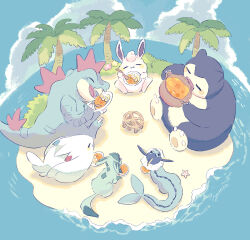  animal_focus blush blush_stickers claws closed_eyes clouds commentary_request cooking_pot curry day eating egg_(food) fangs feraligatr food glaceon lying no_humans open_mouth outdoors palm_tree plate pokemon pokemon_(creature) pokemon_sleep sitting smile snorlax spoon starfish togekiss tree vaporeon water wigglytuff yurano_(upao) 