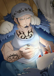  4boys ark_0115 arm_tattoo bear bepo birthday_cake blue_cape blue_eyes cake cape chest_tattoo denim earrings facial_hair feather-trimmed_cape food goatee hand_tattoo hat highres jeans jewelry jumpsuit male_focus mixed-language_commentary multiple_boys official_art one_piece orange_jumpsuit out_of_frame pale_skin pants sideburns sitting strawberry_shortcake tank_top tattoo trafalgar_law white_jumpsuit white_tank_top 
