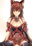  1girl animal_ears anthuria bangs bare_shoulders black_gloves black_legwear breasts cleavage closed_mouth dress elbow_gloves erun_(granblue_fantasy) gloves granblue_fantasy hair_ornament long_hair looking_at_viewer medium_breasts nannacy7 red_dress red_eyes redhead single_glove sitting smile solo thigh-highs wariza 