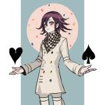  1boy blue_background buttons checkered_scarf circle dangan_ronpa haun heart looking_at_viewer male_focus new_dangan_ronpa_v3 ouma_kokichi outside_border outstretched_arms parted_lips purple_hair scarf short_hair simple_background smile solo spade straitjacket violet_eyes 