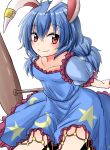  1girl absurdres ahoge animal_ears blue_dress blue_hair collarbone cowboy_shot crescent_print dress ear_clip frilled_dress frilled_sleeves frills highres kine looking_at_viewer low_twintails mallet oshiaki puffy_short_sleeves puffy_sleeves rabbit_ears red_eyes seiran_(touhou) short_sleeves simple_background smile solo star star_print touhou twintails white_background 