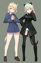  2girls animal_ears black_legwear blonde_hair blush brown_eyes cat_ears cat_tail commentary_request gloves green_eyes heinrike_prinzessin_zu_sayn-wittgenstein hirschgeweih_antennas long_hair marian_e_carl military military_uniform multiple_girls panties shimada_fumikane strike_witches tail thigh-highs underwear uniform world_witches_series 