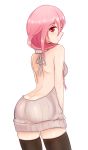  1girl aran_sweater ass backless_outfit bare_back bare_shoulders black_legwear blush butt_crack dress from_behind guilty_crown halterneck long_hair looking_at_viewer looking_back naer0 open-back_dress pink_hair red_eyes ribbed_sweater simple_background skindentation smile solo sweater sweater_dress thigh-highs turtleneck turtleneck_sweater virgin_killer_sweater white_background yuzuriha_inori 