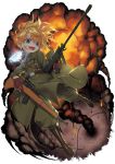  1girl :d blonde_hair blue_eyes boots brown_gloves coat colored_eyelashes dual_wielding explosion fang finger_on_trigger gloves gun hair_between_eyes highres jewelry laughing looking_at_viewer machine_gun military military_uniform neko7 open_mouth pants pendant ponytail rifle short_hair smile smoke tanya_degurechaff uniform weapon youjo_senki 