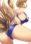 1girl adapted_costume animal_ears ass bangs bare_arms bare_shoulders blonde_hair breasts closed_mouth fox_ears fox_tail from_behind hand_on_hip large_breasts leotard looking_at_viewer looking_back multiple_tails profile short_hair sideboob solo tail tobisawa touhou wrestling_outfit yakumo_ran yellow_eyes 