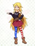  1girl alternate_costume american_flag_legwear bare_shoulders belt blonde_hair boots cato_(monocatienus) checkered checkered_background clothes_writing clownpiece fairy_wings full_body long_hair looking_at_viewer miniskirt no_hat no_headwear open_mouth pantyhose red_eyes scarf shoulder_cutout skirt solo striped striped_scarf touhou v very_long_hair wings 