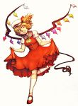  1girl blonde_hair buttons dress flandre_scarlet full_body hat hat_ribbon highres laevatein_(tail) moonywitcher red_dress red_eyes red_ribbon ribbon shoes short_hair simple_background smile socks solo tail touhou wings 