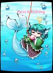  1girl =_= ? aqua_hair bubble chibi commentary_request fishing_line food fruit head_fins kashuu_(b-q) mermaid monster_girl peach touhou underwater wakasagihime 
