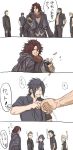  4koma 5boys ardyn_izunia black_gloves black_hair black_shirt blonde_hair bloopers brown_hair coat coin_flip comic final_fantasy final_fantasy_xv fingerless_gloves gladiolus_amicitia glasses gloves highres ignis_scientia long_hair multiple_boys noctis_lucis_caelum pentsu prompto_argentum purple_hair shirt short_hair smile tossing translation_request 