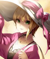  1girl bangs blonde_hair bow breasts brown_background choker collarbone eyebrows_visible_through_hair floral_print green_eyes hand_on_headwear hand_up hat hat_ribbon holding_strap idolmaster idolmaster_cinderella_girls jewelry lace_trim lipps_(idolmaster) long_sleeves looking_at_viewer ming_(torga) miyamoto_frederica necklace pendant pink_bow pink_ribbon ribbon rose_print short_hair smile solo stenciled_rose sun_hat upper_body white_hat 