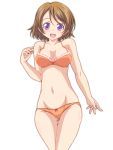  1girl bow bow_bra bow_panties bra breasts brown_hair cowboy_shot crotch_seam kikuchi_tsutomu koizumi_hanayo lace lace-trimmed_bra lace-trimmed_panties looking_at_viewer love_live! love_live!_school_idol_project medium_breasts open_mouth orange_bra orange_panties panties short_hair simple_background smile solo standing thigh_gap underwear underwear_only violet_eyes white_background yellow_bra 