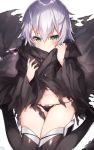  1girl artist_name assassin_of_black black_legwear black_panties cloak covered_mouth fate/apocrypha fate/grand_order fate_(series) green_eyes looking_at_viewer lowleg lowleg_panties mika_pika_zo navel panties short_hair silver_hair simple_background sitting solo thigh-highs torn_clothes underwear wariza white_background 