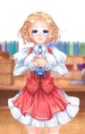  1girl atelier_(series) atelier_firis blonde_hair blue_eyes blurry blush book braid breasts center_frills depth_of_field female hands_on_own_chest high-waist_skirt highres juliet_sleeves large_breasts long_sleeves looking_at_viewer open_mouth own_hands_together puffy_sleeves red_skirt shannon_atkins shirt short_hair siyusiyu13 skirt solo white_background white_shirt wooden_floor 