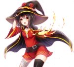  1girl adjusting_clothes adjusting_hat bandage black_hair blush cape fire hat highres kono_subarashii_sekai_ni_shukufuku_wo! looking_at_viewer megumin nya_rl open_mouth outstretched_arm outstretched_hand red_eyes short_hair simple_background single_thighhigh solo thigh-highs white_background witch_hat 