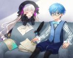  1boy blue_eyes blue_hair bow bowtie braid caster_(fate/extra_ccc) closed_eyes fate/extra fate/extra_ccc fate/grand_order fate_(series) glasses long_hair naomi_(fantasia) nursery_rhyme_(fate/extra) open_mouth paper quiver twin_braids vest white_hair 