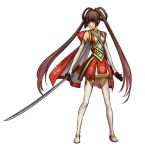  1girl brown_hair earrings full_body god_wars god_wars:_toki_wo_koete green_eyes jewelry kaguya_(god_wars) katana long_hair mino_tarou multicolored_hair official_art pink_hair simple_background sword thigh-highs two-tone_hair very_long_hair weapon white_background 