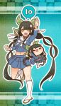  2girls aqua_background arm_up black_hair chabashira_tenko chibi clenched_hand closed_eyes crop_top dangan_ronpa dual_persona gradient gradient_background green_background green_eyes hair_ribbon hairband jumping kneehighs layered_skirt long_hair midriff mole mole_under_mouth multiple_girls new_dangan_ronpa_v3 pose ribbon sandals school_uniform serafuku simple_background smile socks spoken_number standing standing_on_one_leg twintails white_legwear yumaru_(marumarumaru) 