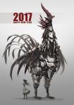  1girl 2017 angpao ant_(fenixant) arm_at_side bird black_boots black_gloves black_hair black_hat boots chicken dress english gloves grey_background happy_new_year hat holding legs_apart long_hair long_sleeves new_year original pants peaked_cap pointy_ears profile robot rooster sketch solo white_dress year_of_the_rooster 