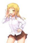  1girl ;d blonde_hair demi-chan_wa_kataritai double_bun dress_shirt fang gluteal_fold hand_on_hip long_hair looking_at_viewer miniskirt one_eye_closed open_mouth pleated_skirt rizihike school_uniform shirt skirt smile solo takanashi_hikari v vampire white_background white_shirt yellow_eyes 